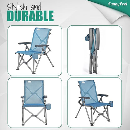 SUNNYFEEL Ergonomic High Back Camp Chair - 500lbs Heavy Duty Folding Chair, UV-Resistant Portable Camp Chair with Hard Armrests, Cup Holder＆ Bag for Outdoor, Basebal, Travel, Sports, Hiking, Fishing