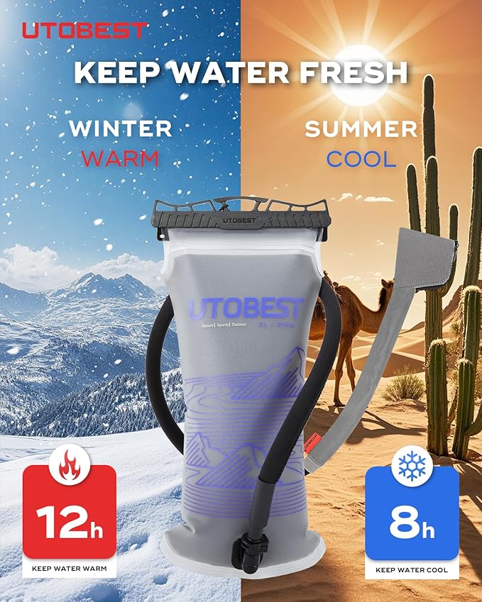 Insulated Water Bladder with Bite Valve Cover Keeps Water Cool or Warm for Hours, Leakproof TPU Hydration for Hiking Camping and Backpacking