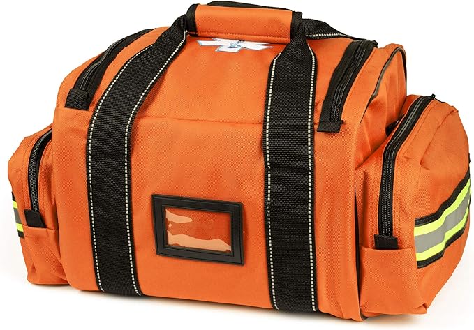 Scherber First Responder Fully-Stocked Large Professional Essentials EMT/EMS Trauma Kit | HSA/FSA Approved | Reflective Bag w/8 Zippered Pockets & Compartments & 250+ First Aid Supplies (Orange)