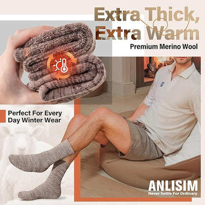 Anlisim Merino Wool Warm Boot Hiking Socks Thermal Extra Thick Winter Cozy Crew Comfy Cushioning Work Women Men Socks 4 Pairs