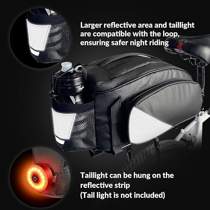 WOTOW Rear Rack Bag, 12L Waterproof Reflective Bicycle Trunk Bag, Cycling Rear Seat Carrier Backseat Storage Luggage with Water Bottle Holder, Shoulder Strap for MTB Bike E-Bike