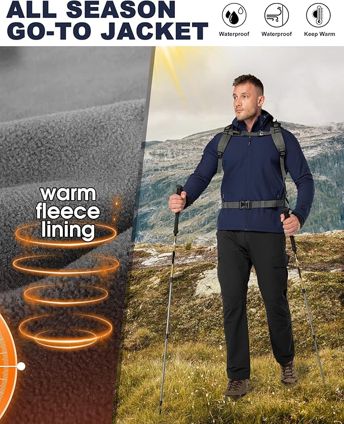 33,000ft Men's Hooded Softshell Jacket Waterproof Lightweight Insulated Windbreaker Fleece Lined Rain Shell Jacket