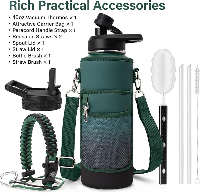 Insulated Water Bottle | Thickened Stainless Steel Vacuum Metal | Portable Sports Water Jug for Gym and Hiking with Straw, Carrier Bag, Handle Strap | BPA-Free 40 oz
