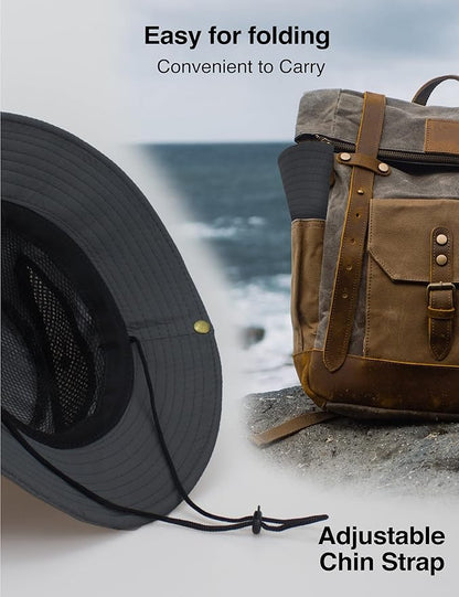 Men's Sun Hat Outdoor UPF50+ Mesh Wide Brim Bucket Safari Cap Foldable Waterproof Boonie Fishing Hats