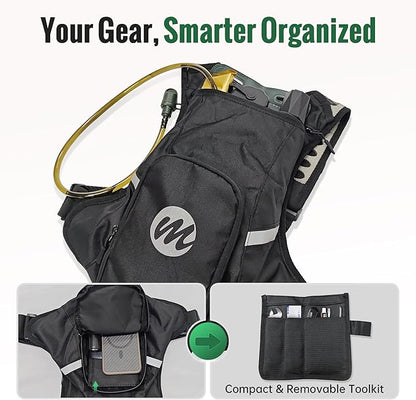Moman Hydration Backpack with 2L Water Bladder, 600D PU Durable Hiking Backpack, Adjustable Strap & Removable Tool Pouch for Hiking/Running/Cycling/Music Festival/Rave for Men Women