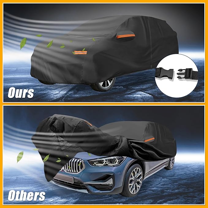 Universal Car Cover Waterproof All Weather 210D-PU, UV Sun Rain Protection, Fits for SUV Length Up to 181", with Left Side Zipper, Black