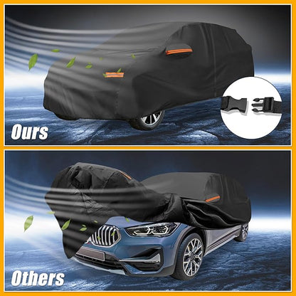 Universal Car Cover Waterproof All Weather 210D-PU, UV Sun Rain Protection, Fits for SUV Length Up to 181", with Left Side Zipper, Black