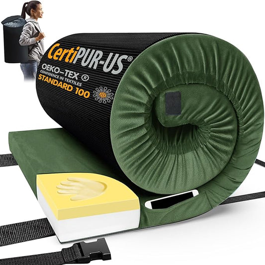 CYMULA Memory Foam Camping Mattress Pad, CertiPUR-US Sleeping Mat, Portable Roll Up Mattress for Adults, Camping Bed Pads for Sleepover, Car Bed with Travel Bag