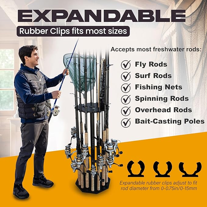 Rush Creek Creations 16-Rod Round Fishing Rod Holder for Garage, 360° Access Fishing Pole Holder for Fishing Rods, Reels, Gear, and Accessories, Securely Holds 16 Rods, Black