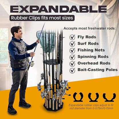 Rush Creek Creations 16-Rod Round Fishing Rod Holder for Garage, 360° Access Fishing Pole Holder for Fishing Rods, Reels, Gear, and Accessories, Securely Holds 16 Rods, Black