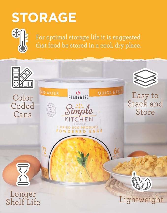 READYWISE - Simple Kitchen, Powdered Eggs, 72 Servings, Emergency Supply, Dehydrated Food, Baking Supplies, Camping Meals, Survival Food, 10 Can Egg Powder, Dehydrated Eggs Powder