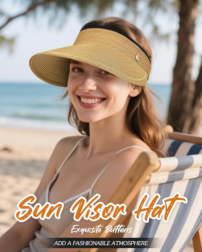 Sun Visor Hat for Women,Wide Brim Beach Hat UV Protection, Packable Straw Sun Visor Hat for Vacation,Summer
