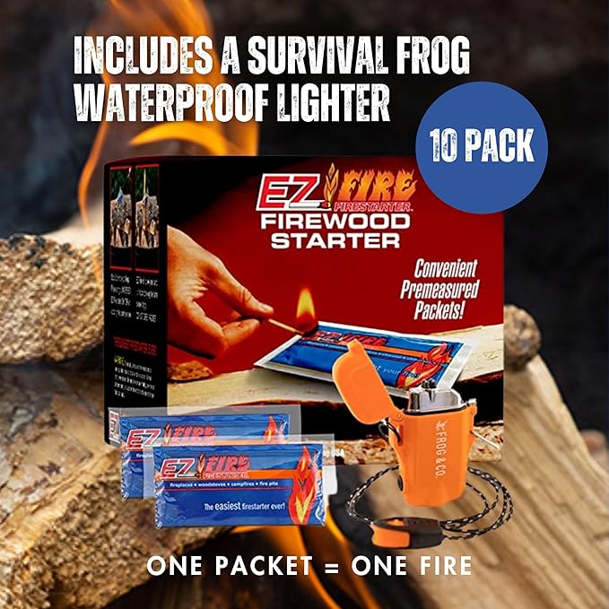 – 10 Pack All-Natural Fire Starters for Campfires, Fire Pits, BBQs & Fireplaces – Long Burning, Weather-Resistant, Non-Toxic + Survival Frog Rechargeable Lighter Kit