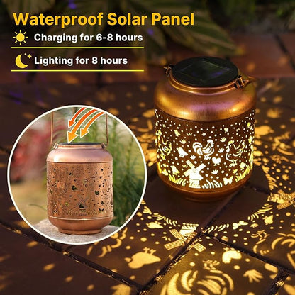 Chicken Solar Lanterns Outdoor Waterproof Chicken Hanging Solar Lights Birthday Gifts for Women Men Mom Metal Decorative LED Lantern Outside for Garden Decor,Yard,Patio,Lawn,Porch,Backyard,Tabletop
