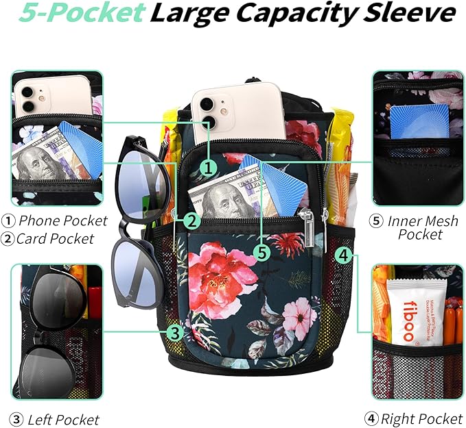 32/40/64/87/128 oz Water Bottle Carrier Bag, Neoprene Water Bottle Sleeve with 4 Pocket, Sport Water Holder with Paracord Handle and Shoulder Strap for Walking Hiking Camping Gym