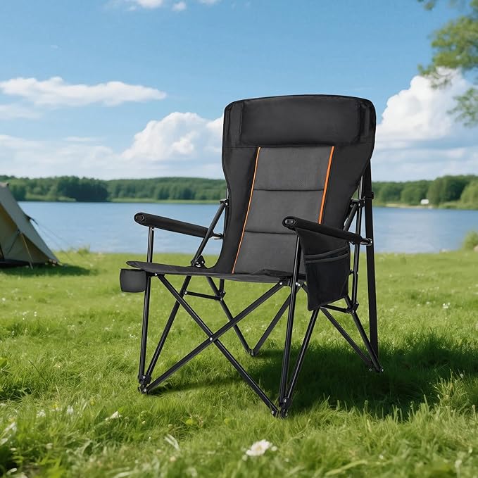 HIGH POINT SPORTS Oversized Folding Camping Chairs for Adults, High Backrest Heavy Duty Lawn Chairs Support 500 LBS Portable Collapsible Camp Chairs with Cup Holders,Side Pocket, 2 Pack, Black