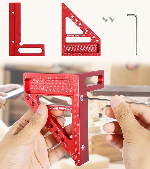 TRZZ 3D Multi-Angle Measuring Ruler, Precision Woodworking Carpenter Square for 0-90° Angles, Aluminum Alloy Tool for Engineering, Construction, and DIY Projects (Red)