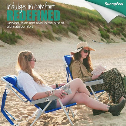 SUNNYFEEL Low Back Folding Beach Chair, Aluminum Heavy Duty Beach Chair with 3 Reclining Position, Portable Camping Chair for Adults with Wood Armrest, Lightweight Camping Chair 300lbs, Green, 2 Pack