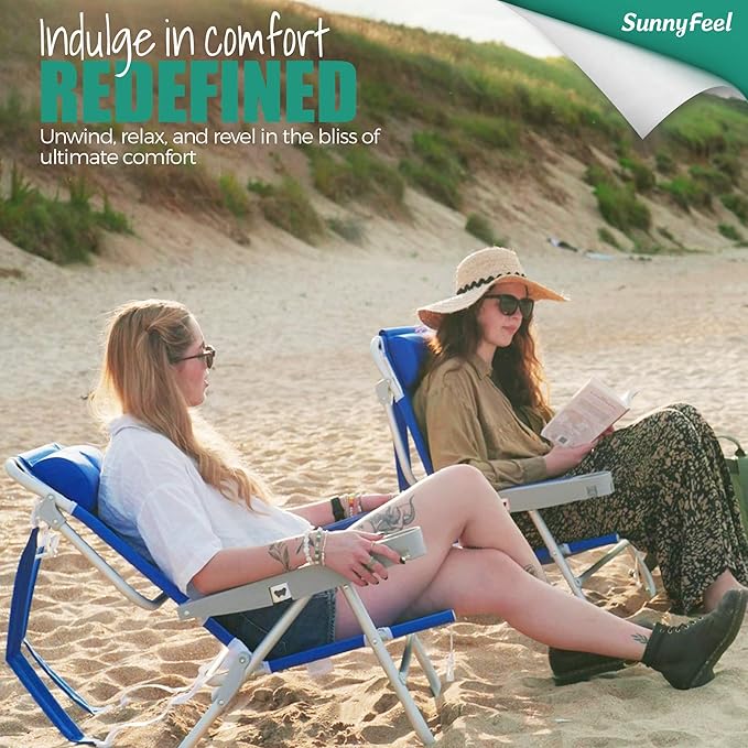 SUNNYFEEL Low Back Folding Beach Chair, Aluminum Heavy Duty Beach Chair with 3 Reclining Position, Portable Camping Chair for Adults with Wood Armrest, Lightweight Camping Chair 300lbs, Blue, 2 Pack