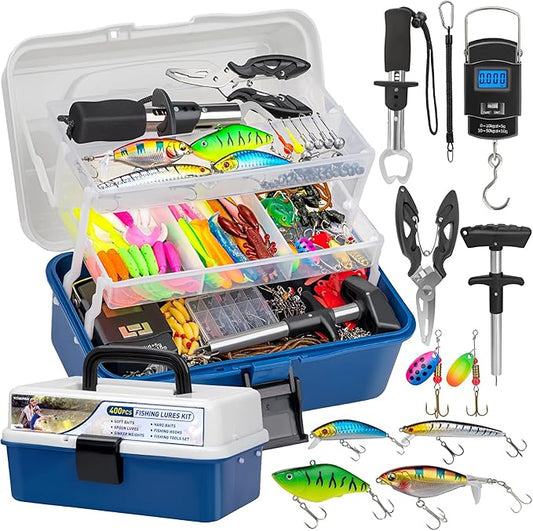 THKFISH 400PCS Fishing Lures Kit, Large 3-Layer Tackle Box with Tackle Included Bass Fishing Accessories Gear Tools Set with Pliers, Fish Scale, Crankbait, Hooks, Weights Sinkers, Gift for Men
