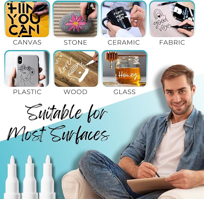 Utillo Craft (8-Pack White Paint Pens | Extra Fine Tip Made in Japan | Bold Color+100% Coverage on Rock, Wood, Glass, Paper, Plastic, Metal, Canvas, Fabric | 0.7mm White Acrylic Paint Markers