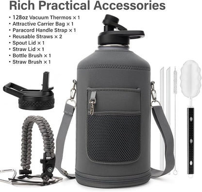 1 Gallon Water Bottle Insulated | Thickened Stainless Steel Vacuum Metal Water Jug | Portable Sports Large for Gym and Hiking with Straw, Carrier Bag, Handle Strap | BPA-Free 128 oz