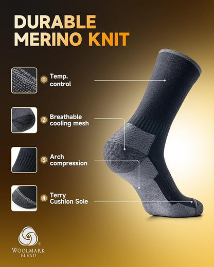 Merino Wool Hiking Crew Socks for Men Women, Thermal Warm Boot Sock Cushioned Anti-Blister, Breathable - 3 Pairs