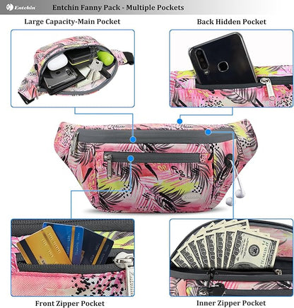Entchin Fanny Pack for Women Men,Crossbody Belt Bag with 4-Zipper Pockets,Adjustable Waist Bag Pack,One of the Most Popular Travel Essential Gifts for Walking,Traveling,Cycling