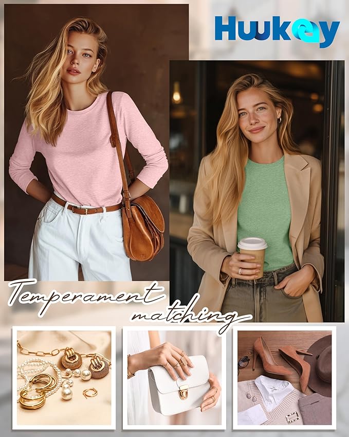 Huukeay 5 Pack Women's Crew Neck Long Sleeve Shirts, Cotton Blend Casual Clothes Workout Basic Layering Tee Tops Multipack