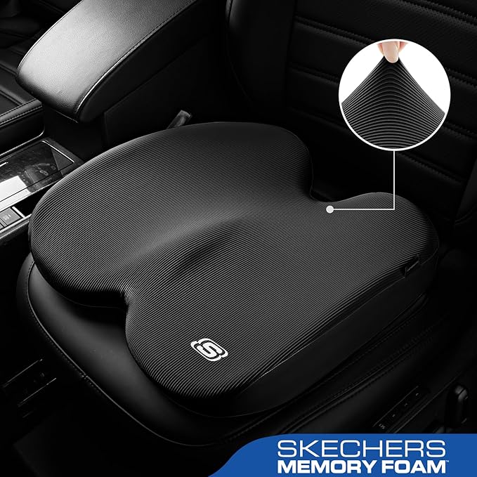 Skechers Memory Foam Seat Cushion,Ribbed Fabric Office Chair Cushion for Tailbone Pain Relief,Butt Pillow for Office Chair,Car Seat Cushion,Long Sitting Office Workers,and Car Drivers,Black