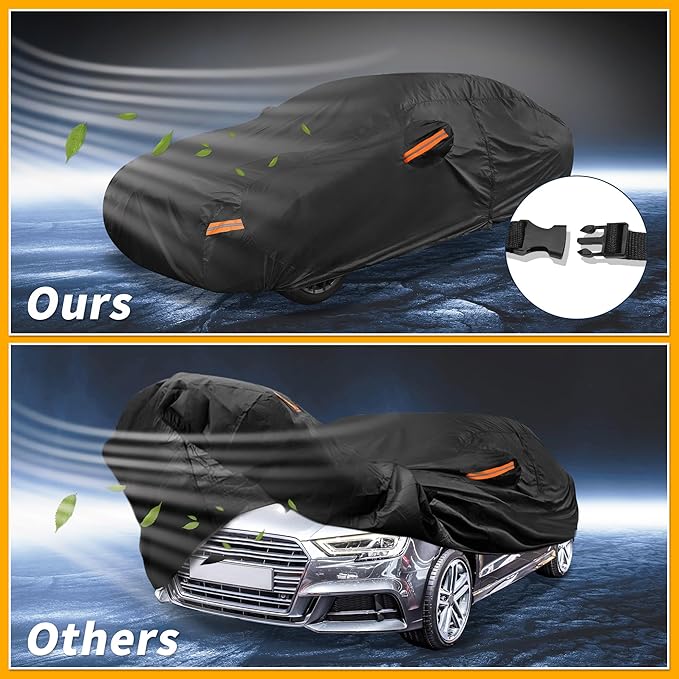Universal Car Cover Waterproof All Weather 190T-PU, UV Sun Rain Protection, Fits for Sedan Length 178"-186", with Left Side Zipper, Black