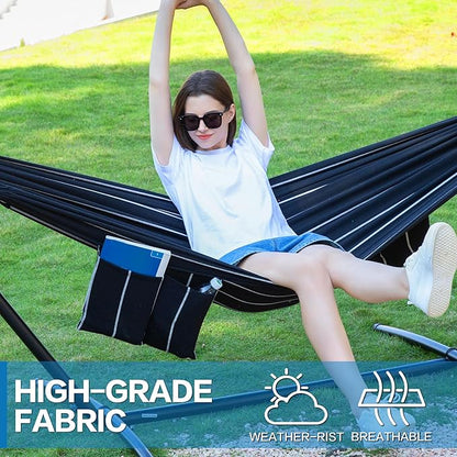 PNAEUT Double Hammocks with Stand for Outside, Portable Space Saving Heavy-Duty Steel Stand for Indoor Outdoor Patio with Carrying Bag, 450 lbs Capacity (Chasm)