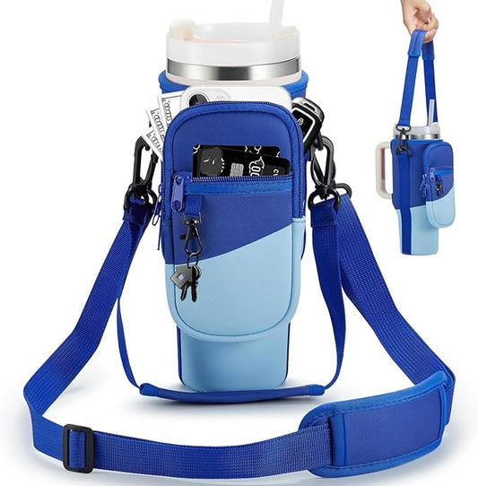 Water Bottle Carrier Bag with Phone Pocket for Stanley 40 & 30 oz Tumbler with Handle,Pink Insulated Neoprene Cup Holder Pouch w/Adjustable Strap for Quencher H2.0 Stanley Cup Accessories