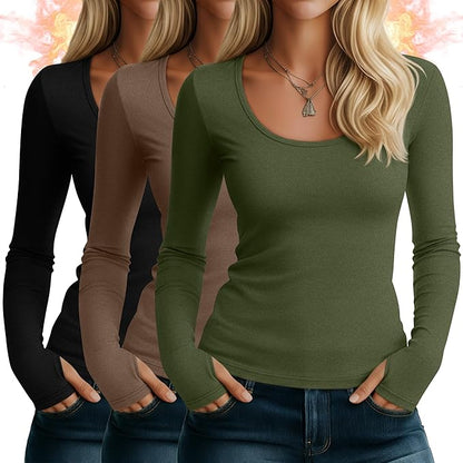 Riyiper 3 Pack Women's Thermal Long Sleeve Shirts, Fleece Scoop Neck Fitted Top Stretchy Thumb Holes Undershirt Baselayer Tee