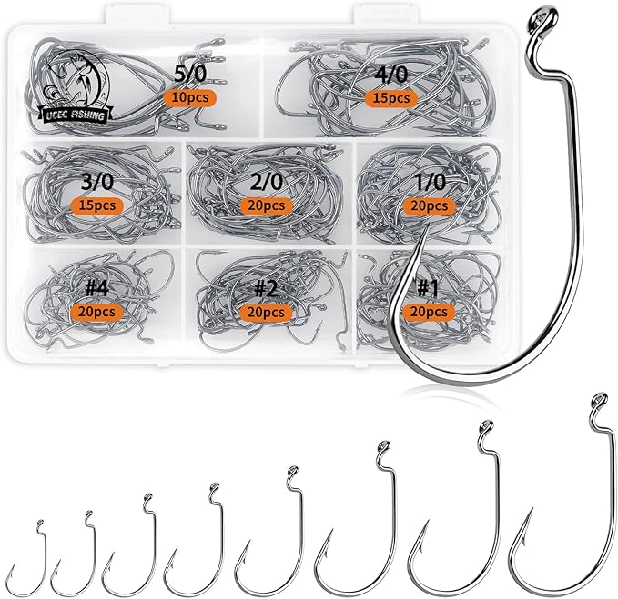 UCEC Fishing Hooks, 140PCS/ 100PCS/ 60PCS EWG Offset Worm Hooks Bass Hooks Wide Gap 2X Strong Senko Bait Texas Rig Jig Fish Hooks for Bass Trout Saltwater Freshwater Size:#4#2#1 1/0 2/0 3/0 4/0 5/0