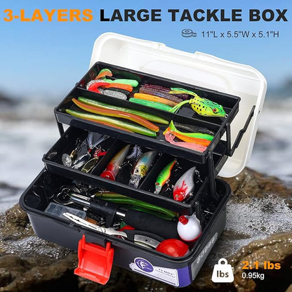 3 Layers Tackle Box with Tackle Included, 321Pcs Fishing Lures Kit Contains Pliers, Crankbait, Hooks, Weights & Accessories, Fishing Gear Bait Lure Gifts for Men Bass Freshwater (White Black)