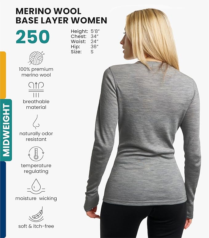 Merino.tech Merino Wool Base Layer Women - 100% Merino Wool Heavyweight, Midweight, Lite Long Sleeve Thermal Shirt and Socks