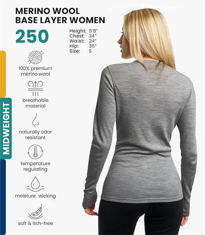 Merino.tech Merino Wool Base Layer Women - 100% Merino Wool Heavyweight, Midweight, Lite Long Sleeve Thermal Shirt and Socks