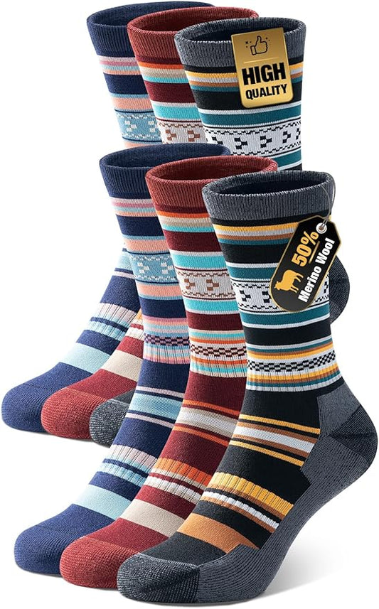 PULIOU Merino Wool Hiking Socks for Men & Women, 3 Pairs Cushioned Moisture Wicking Crew Boot Socks for Work & Outdoors