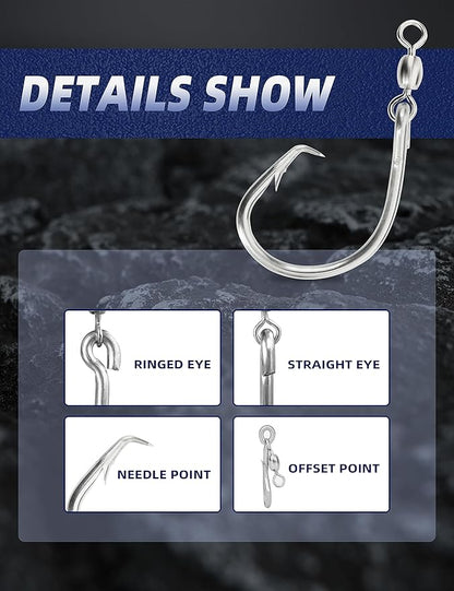 BLUEWING Offset Circle Hook with Swivel Stainless Steel 5pcs/10pcs Extra Sharp for Freshwater Saltwater Big Game Fishing