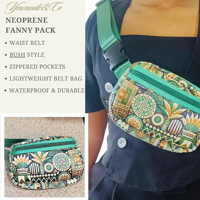 Yewande&co Neoprene Fanny Pack Belt Bag – Lightweight Waterproof Waist Bag with Adjustable Strap, 3 Zippered Pockets, Crossbody Belt Bag for Travel, African Design Crossbody Bags (Bush)