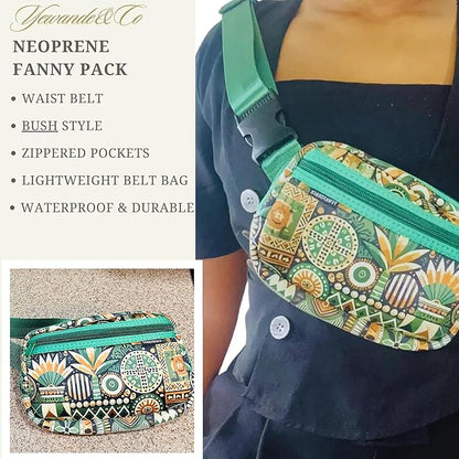 Yewande&co Neoprene Fanny Pack Belt Bag – Lightweight Waterproof Waist Bag with Adjustable Strap, 3 Zippered Pockets, Crossbody Belt Bag for Travel, African Design Crossbody Bags (Bush)