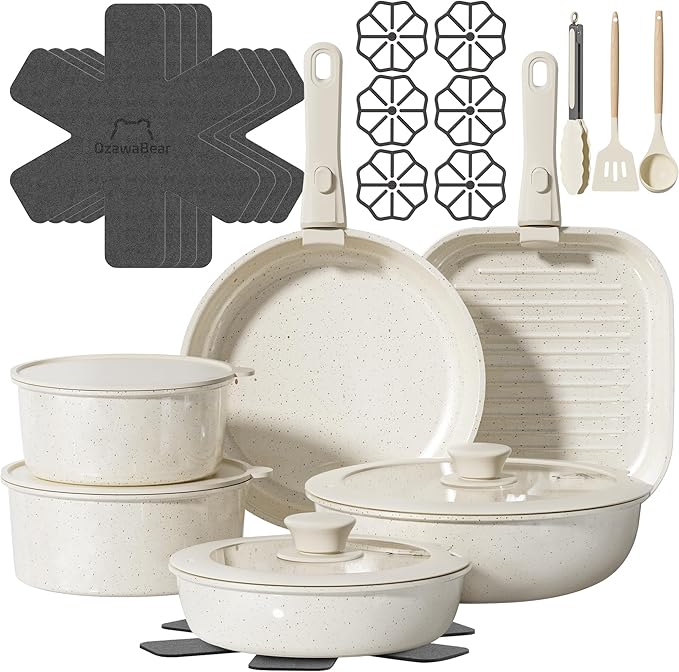 26 Pcs Pots and Pans Set Non Stick, Ceramic Cookware Set Non Toxic with Detachable Handles, Healthy Induction Cookware Oven Safe RV Kitchen Set, PFAS PFOA & PTFE Free, Cream White