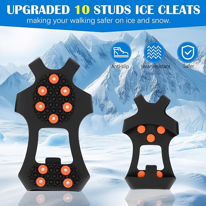 Anti Slip Ice Cleats, Ice Snow Traction Cleats for Walking on Snow and Ice, 10 Steel Studs Crampons, Ice Snow Grips with Extra 20 Replacement Studs for Shoes and Boots