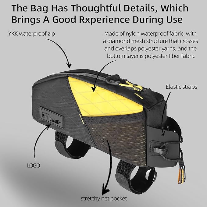 Rhinowalk Bike Top Tube Bag Bicycle Front Frame Bag Waterproof Bike Bag 1.2L with Dual Side Mesh Pockets Perfect for MTB Road Bike Cycling Commuting and Outdoor Adventures