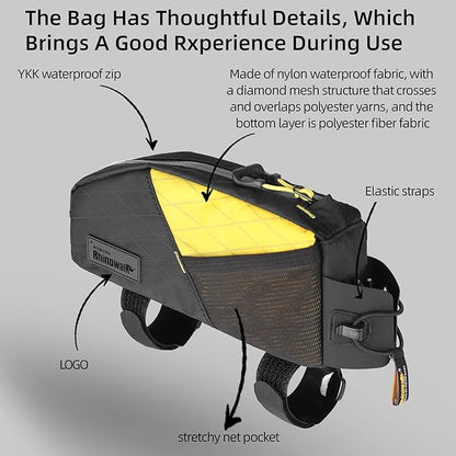 Rhinowalk Bike Top Tube Bag Bicycle Front Frame Bag Waterproof Bike Bag 1.2L with Dual Side Mesh Pockets Perfect for MTB Road Bike Cycling Commuting and Outdoor Adventures