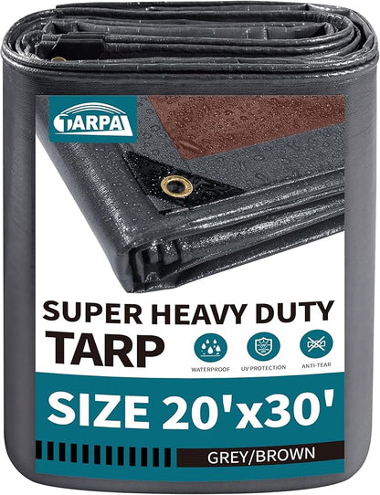 TARPAL tarp 20x30 Feet Super Heavy Duty Tarps Cover 20mil Waterproof UV Protection Rip and Tear Proof Tarpaulin with Grommets(Grey/Brown)