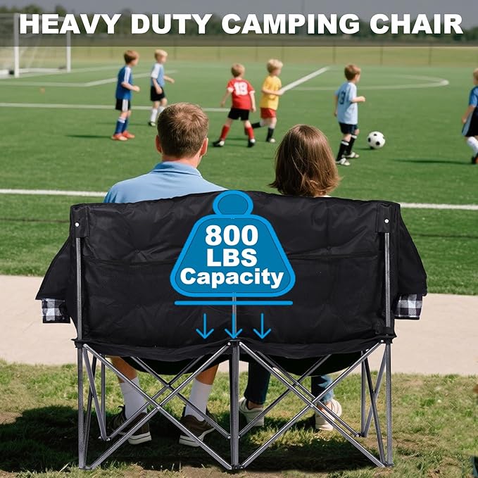 Padded Double Camping Chair Folding Loveseat 2 Person Camp Chair Heavy Duty Lawn Chairs Camping Couch Outdoor Sofa