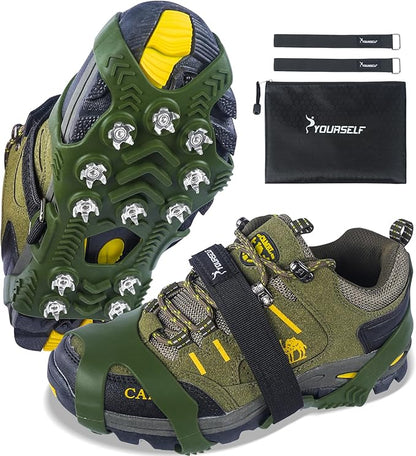 SYOURSELF Ice Cleats, Crampons Ice Cleats for Shoes and Boots Women Men Kids, Non Slip Grippers Spikes for Shoes with Straps, Ice Traction Cleats for Snow and Ice, Hiking, Walking, Fishing, Climbing