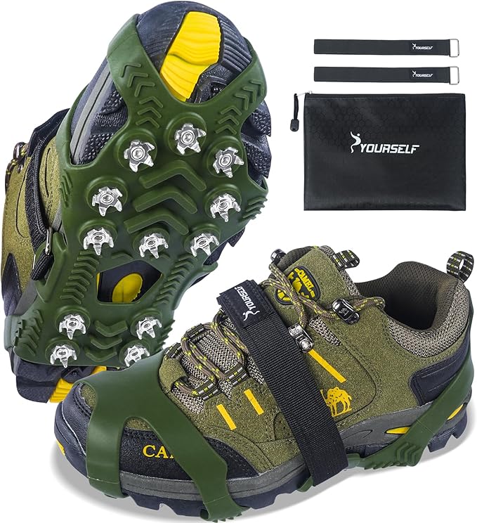 SYOURSELF Ice Cleats, Crampons Ice Cleats for Shoes and Boots Women Men Kids, Non Slip Grippers Spikes for Shoes with Straps, Ice Traction Cleats for Snow and Ice, Hiking, Walking, Fishing, Climbing